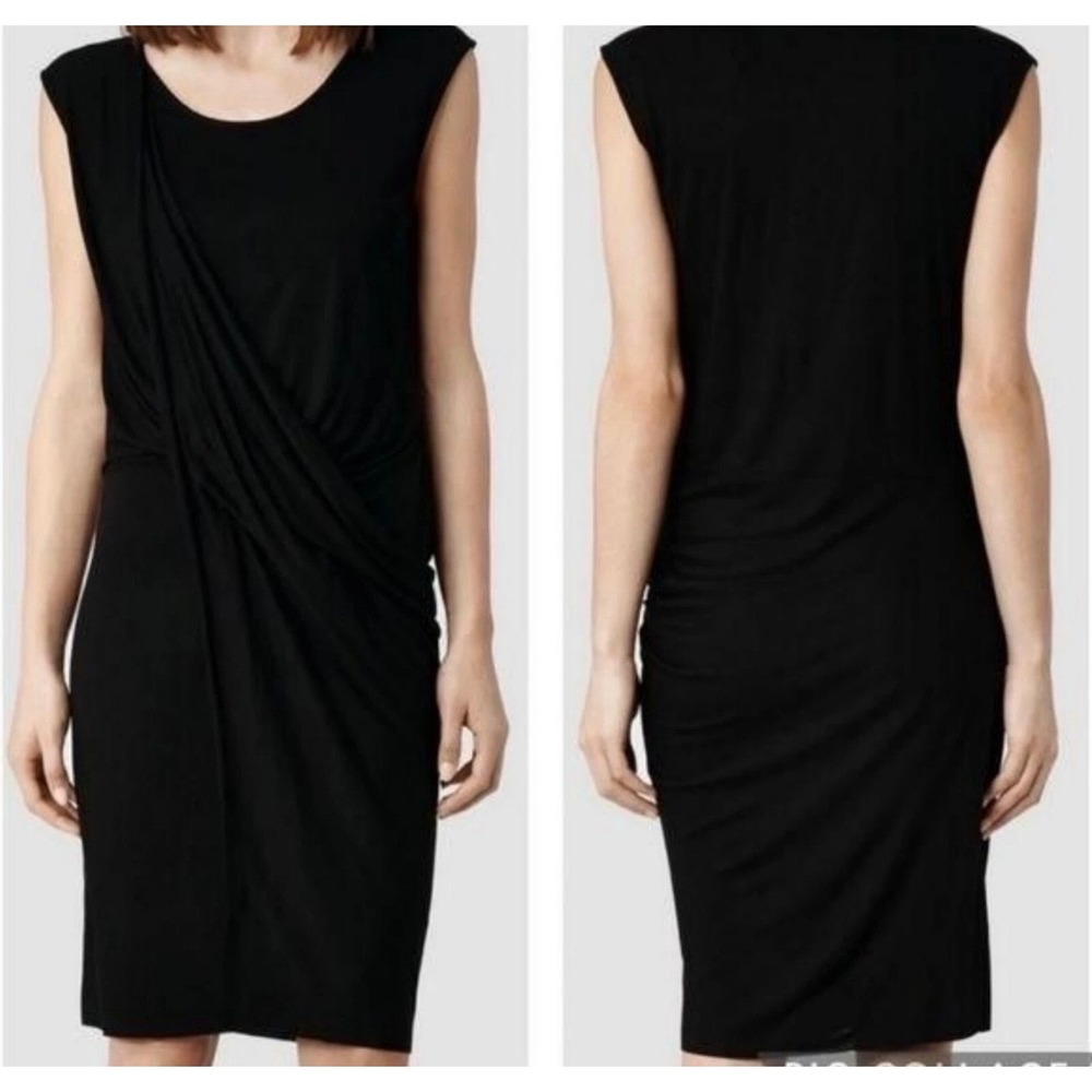 AllSaints Draped Front Midi‎ Dress Womens Large Black  Sleeveless Viscose